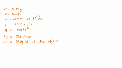 a-vertical-jet-of-water-is-used-to-stop-a-falling-object-with-a-mass-of-05-kg-the-velocity-of-the-jet-at-the-nozzle-is-10-ms-and-its-diameter-is-10-mm-take-the-density-of-water-as-1000-kgls-79588