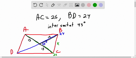 the-lengths-of-the-diagonal-parallelogram-are-ac-26-cm-and-bd-24-cm-the-diagonals-intersect-at-an-angle-of-43-find-the-lengths-of-the-parallelgrams-des-hint-diagonals-of-parallelogram-bisect-37256