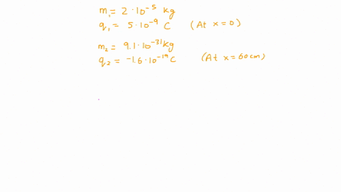 a-charged-particle-having-mass-20x10-5-kg-and-charge-5-x-10-9-c-5-nc-is-fixed-at-x0-an-electron-charge-16x10-19-c-and-mass-91x10-31-kg-is-released-from-rest-at-x-60-cm-what-is-the-speed-of-t-49424