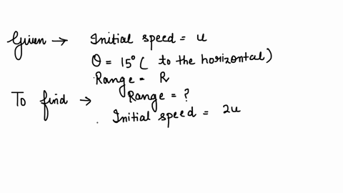 a-projectile-thrown-with-an-initial-speed-u-and-angle-of-projection-15o-to-the-horizontal-has-a-range-r-if-the-same-projectile-is-thrown-at-an-angle-of-45o-to-the-horizontal-with-speed-2u-its-range-wi