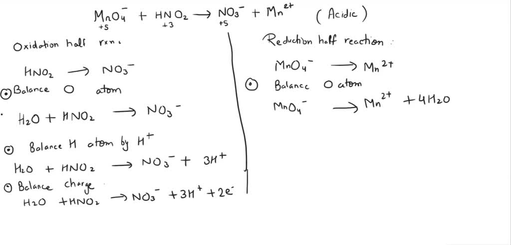 SOLVED: Balance MnO4 + HNO2 –> NO3 + Mn2+ balance in acidic conditions