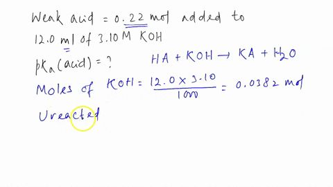 a-022-mol-sample-of-a-weak-acid-with-an-unknown-pka-was-combined-with-120-ml-of-310-m-koh-and-the-resulting-solution-was-diluted-to-1500-l-the-measured-ph-of-the-solution-was-390-what-is-the-12697