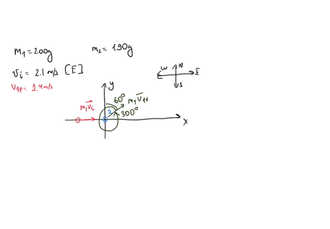 a-hockey-puck-of-mass-200g-sliding-on-a-nearly-frictionless-surface-of-the-ice-with-a-velocity-of-21mse-strikes-a-second-puck-at-rest-with-a-mass-of-190g-the-first-puck-has-a-velocity-of-14msn300e-aft