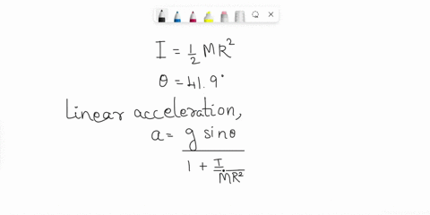 a-solid-cylinder-vcylinder-2-mr-rolls-without-slipping-down-an-inclined-plane-from-rest-as-shown-in-the-figure-it-has-mass-m-and-radius-r-what-is-its-iinear-acceleration-in-ms-after-travelli-43574