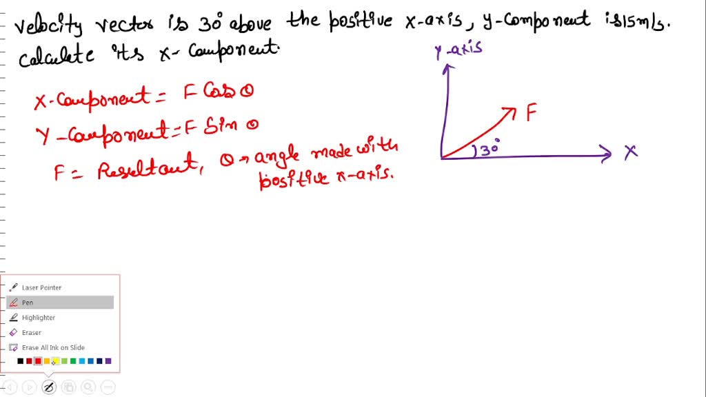 Solved A velocity vector 36∘ below the positive x-axis has a