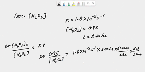 1-the-decomposition-of-h2o2-is-the-first-order-of-h2o2-the-rate-constant-is-18-x-10-5-s-1-at-20-degrees-celsius-if-the-starting-concentration-is-095-m-what-will-be-the-concentration-of-h2o2-41381