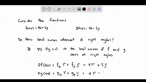 point-for-each-of-the-following-pairs-of-functions-f-and-g-determine-if-the-level-curves-of-the-functions-cross-at-right-angles-and-find-their-gradients-at-the-indicated-point-a-fy-4x-5y-gy-45727