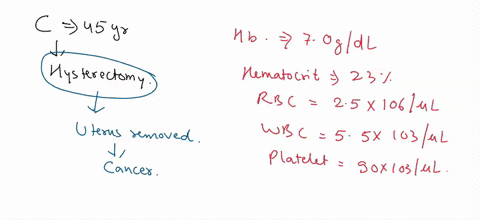 1-patient-c-is-a-45-yr-old-female-undergoing-a-complete-hysterectomy-she-presents-with-the-following-lab-results-a-hemoglobin-70-gdl-b-hematocrit-23-c-rbc-count-25-x-106ul-d-wbc-count-55-x-1-77237