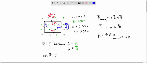a-rectangular-coil-of-wire-220-cm-by-350-cm-and-carrying-a-current-of-195-a-is-oriented-with-the-plane-of-its-loop-perpendicular-to-a-uniform-150-t-magnetic-field-textbffig-e2742-a-calculate-the-net-2