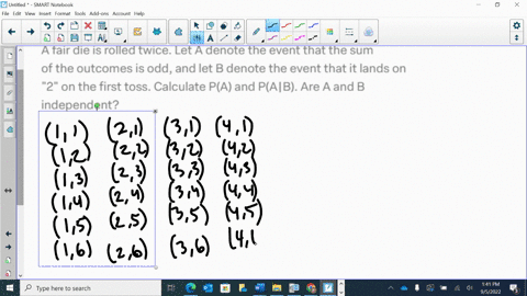a-fair-die-is-rolled-twice-let-a-denote-the-event-that-the-sum-of-the-outcomes-is-odd-and-let-b-denote-the-event-that-it-lands-on-2-on-the-first-toss-calculate-pa-and-pab-are-a-and-b-indepen-34128