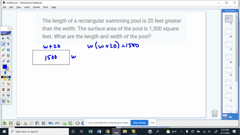 the-length-of-a-rectangular-swimming-pool-is-20-feet-greater-than-the-width-the-surface-area-of-the-pool-is-1500-square-feet-what-are-the-length-and-width-of-the-pool-55034
