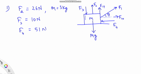 1-a-mass-of-3-kg-is-resting-on-a-horizontal-frictionless-surface-force-1-is-applied-to-it-at-43-degrees-above-the-horizontal-force-2-has-a-magnitude-of-26-n-and-is-applied-vertically-upwards-63168
