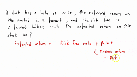 a-stock-has-a-beta-of-075-the-expected-return-on-the-market-is-12-percent-and-the-risk-free-rate-is-3-percent-what-must-the-expected-return-on-this-stock-be-show-your-work-75303