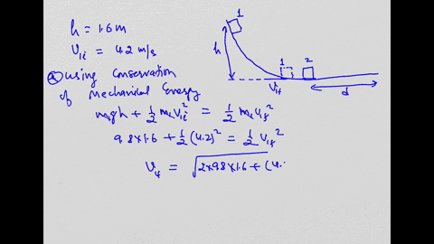 in-the-figure-below-block-1-of-unknown-mass-m_1-is-pushed-down-a-frictionless-incline-with-initial-speed-42-mathrmm-mathrms-from-height-h16-mathrmm-at-the-bottom-of-the-incline-it-makes-a-perfectly-2