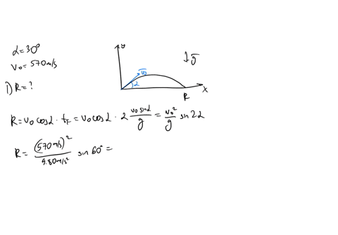 projectile-motion-a-projectile-is-fired-at-an-angle-of-30-t0-the-horizontal-with-an-initial-speed-of-570-ms-what-are-its-range-the-time-of-flight-and-the-greatest-height-reached-use-decimal-46715