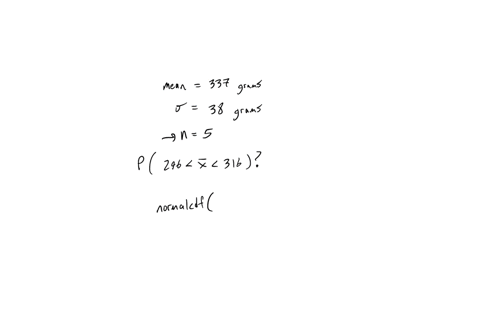 a-particular-fruits-weights-are-normally-distributed-with-a-mean-of-337-grams-and-a-standard-deviation-of-38-grams-if-you-pick-5-fruit-at-random-what-is-the-probability-that-their-mean-weight-will-be-