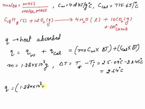 in-an-experiment-a-03792-g-sample-of-azulene-c10h8-is-burned-completely-in-a-bomb-calorimeter-the-calorimeter-is-surrounded-by-1280103-g-of-water-during-the-combustion-the-temperature-increa-53625