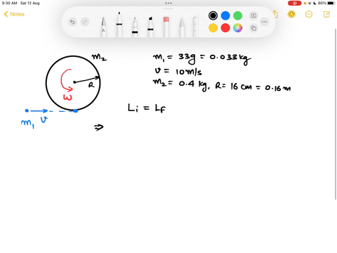 shown-below-is-a-small-particle-of-mass-33-g-that-is-moving-at-a-speed-of-10-ms-when-it-collides-with-and-sticks-to-the-edge-of-a-uniform-solid-cylinder-the-cylinder-is-free-to-rotate-about-02394