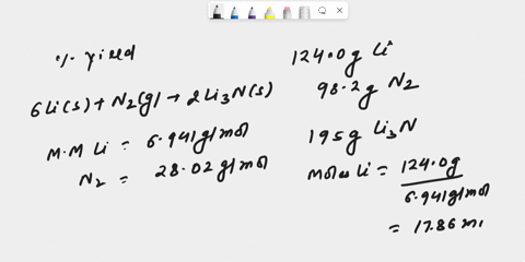 lithium-metal-is-the-only-member-of-group-1-that-reacts-directly-with-nitrogen-to-produce-a-nitride-li3n-if-1240-g-of-li-and-982-g-of-n2-are-mixed-and-195-g-of-li3n-are-actually-obtained-fro-38462