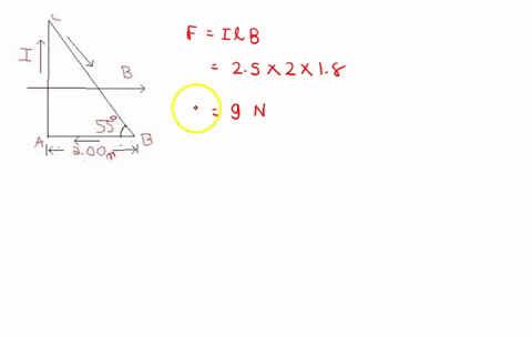 the-triangular-loop-of-wire-shown-in-the-drawing-carries-a-current-of-470-a-a-uniform-magnetic-field-is-directed-parallel-to-side-ab-of-the-triangle-and-has-a-magnitude-of-180-t-find-the-mag-37204