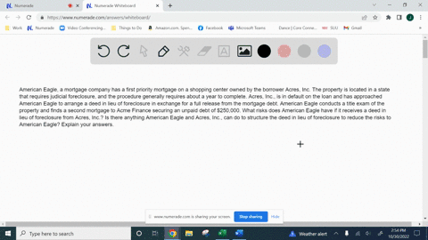 american-eagle-a-mortgage-company-has-a-first-priority-mortgage-on-a-shopping-center-owned-by-the-borrower-acres-inc-the-property-is-located-in-a-state-that-requires-judicial-foreclosure-and-88611