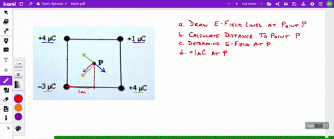 four-point-charges-are-placed-at-the-corners-of-square-as-shown-the-figure-each-side-of-the-square-has-length-20-m-draw-the-electric-fields-for-each-of-the-charges-at-point-p-the-center-of-t-95322