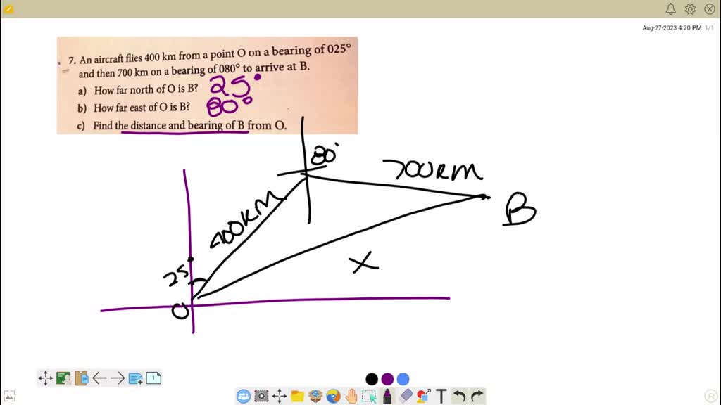 SOLVED: Point O Is On A Bearing Of 025Â° 97'. An Aircraft Flies 400 Km ...