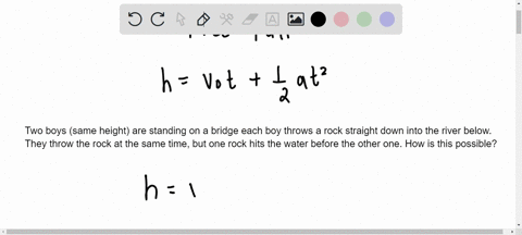 two-boys-same-height-are-standing-on-a-bridge-each-boy-throws-a-rock-straight-down-into-the-river-below-they-throw-the-rock-at-the-same-time-but-one-rock-hits-the-water-before-the-other-one-74104