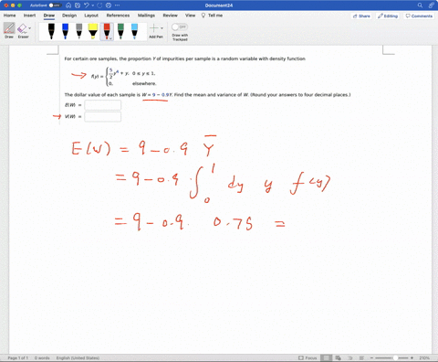 for-certain-ore-samples-the-proportion-y-of-impurities-per-sample-is-random-variable-with-density-function-fy-zy-_-0-y-1-elsewhere-the-dollar-value-of-each-sample-is-w-9-09y-find-the-mean-an-50793