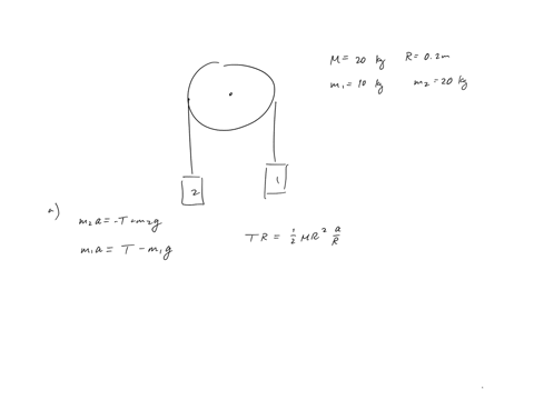 4-the-blocks-of-m_110-mathrmkg-and-m_220-mathrmkg-are-connected-to-the-end-of-a-rope-wrapped-on-the-pulley-of-m20-mathrmkg-and-radius-of-20-mathrmcm-the-system-is-started-from-rest-a-determine-the-acc