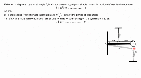 the-figure-shows-uniform-rod-with-mass-of-3-kg-and-is-pivoted-at-point-a-there-is-a-solid-mass-of-4-kg-at-point-c-the-value-of-the-coefficient-of-elasticity-of-the-spring-kl-20-kn-m-and-k2-1-53384
