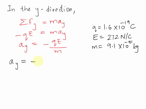 an-electron-enters-the-region-of-a-uniform-electric-field-as-shown-with-vil-3-x-106-ms-and-e-272-nc-the-horizontal-length-of-the-plates-is-0-0100-m-what-is-the-magnitude-of-electrons-acceler-29988
