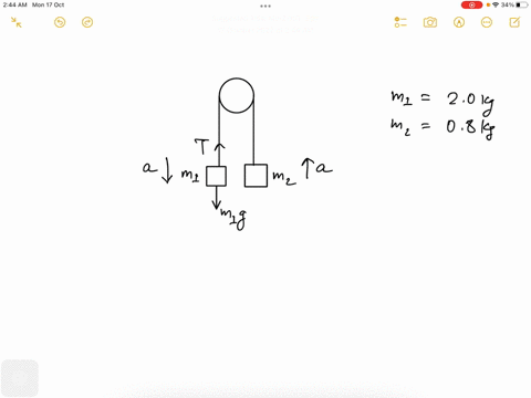two-masses-are-tied-to-rope-on-a-pulley-as-shown-in-the-diagram_-when-the-system-is-released-from-the-starting-position-shown-what-is-the-20-kg-acceleration-of-the-two-kilogram-mass-friction-80632