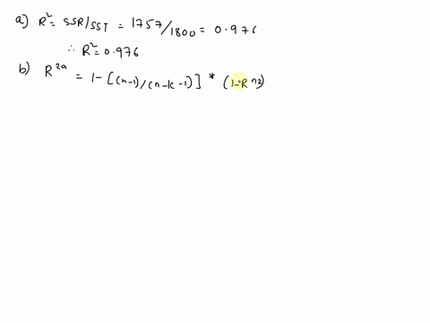 the-following-estimated-regression-equation-is-based-on-30-observations-y18339x1-21x274x325x4-the-values-of-sst-and-ssr-are-1800-and-1757-respectively-a-compute-r2-to-3-decimals-b-compute-r2-08998