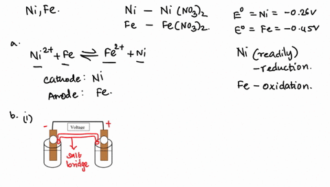 2a-galvanic-cell-is-constructed-using-nickel-electrode-in-a-1oo-molar-solution-of-ninos-and-iron-electrode-in-a-100-molar-solution-of-fenosz-both-solutions-are-at-258c-write-a-balanced-net-i-32395