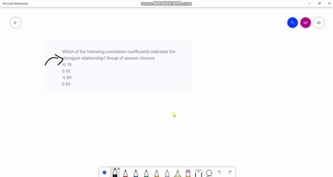 which-of-the-following-correlation-coefficients-indicates-the-strongest-relationship-group-of-answer-choices-078-055-089-085-99453