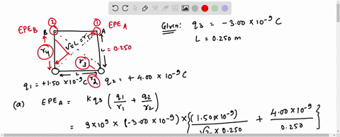 the-drawing-shows-a-square-each-side-of-which-has-a-length-of-l-0250-m-two-different-positive-charges-q1-and-q2-are-fixed-at-the-corners-of-the-square-find-the-electric-potential-energy-of-a-third-cha