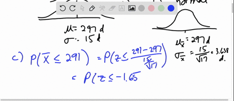 suppose-the-lengths-of-the-pregnancies-of-a-certain-animal-are-approximately-normally-distributed-with-mean-297-days-and-standard-deviation-15-days-complete-parts-a-through-f-below-b-suppose-18223