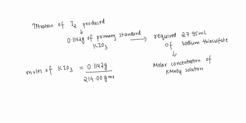 titration-of-the-i2-produced-from-01142g-of-primary-standard-kio3-required-2795-ml-of-sodium-thiosulfate-calculate-the-molar-concentration-of-the-kmno4-solution-74334