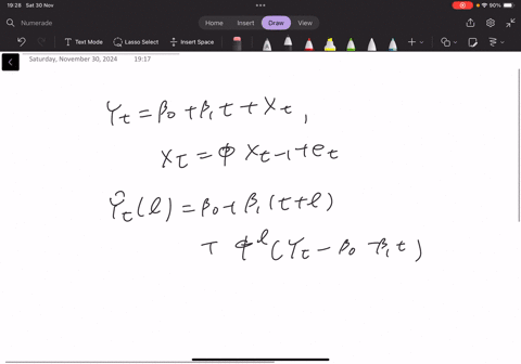 use-r-and-tsa-package-918-consider-the-model-yt-01txt-where-xt-xt1et-we-assume-that-0-1-and-are-known-show-that-the-minimum-mean-square-error-forecast-l-steps-ahead-can-be-written-as-ytl-0-1tllyt-0-1t