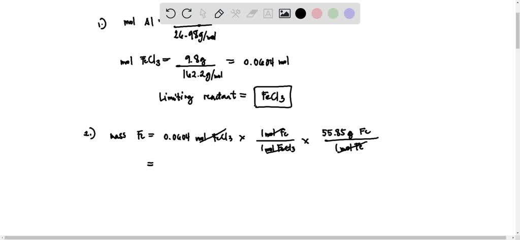 SOLVED: Questions: Al + FeCl3 → Fe + AlCl3 3.6 grams of aluminum are ...