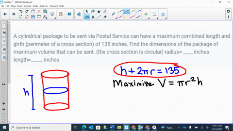 a-cylindrical-package-to-be-sent-via-postal-service-can-have-a-maximum-combined-length-and-girth-perimeter-of-a-cross-section-of-135-inches-find-the-dimensions-of-the-package-of-maximum-volu-88973