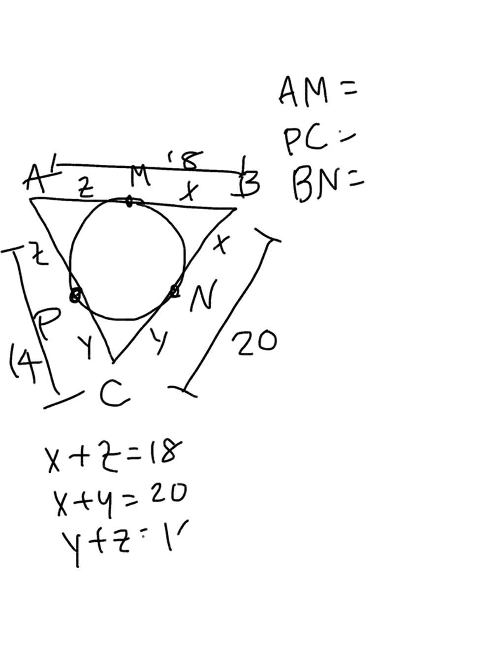 Solved Consider The Following Figure Given Tangents Ab Bc And Ac To Circle O At Points M N 1076