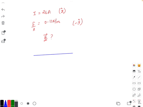 a-current-i-26-a-is-directed-along-the-positive-x-axis-and-perpendicular-to-a-magnetic-field-a-magnetic-force-per-unit-length-of-011-nm-acts-on-the-conductor-in-the-negative-y-direction-calc-60134