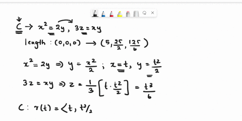 let-c-be-the-curve-of-intersection-of-the-parabolic-cylinder-x2-2y-and-the-surface-3z-xy-find-the-exact-length-of-c-from-the-origin-to-the-point-5-25-2-125-6-25383
