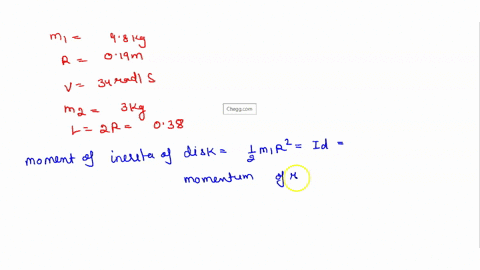 a-solid-disk-of-mass-m-98-kg-and-radius-r-019-m-is-rotating-with-a-constant-angular-velocity-of-34-rads-a-thin-rectangular-rod-with-mass-mz-3-kg-and-length-l-2r-038-m-begins-at-rest-above-th-19404