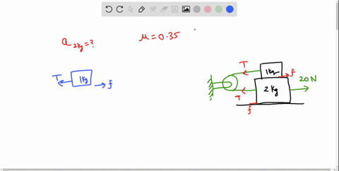 the-lower-block-in-the-figure-is-pulled-on-by-rope-with-tension-force-of-20-n-the-coefficient-of-kinetic-friction-between-the-lower-block-and-the-surface-is-035-the-coefficient-of-kinetic-fr-52918