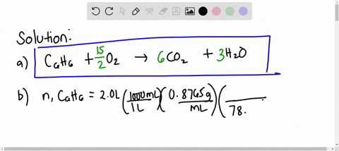 20-l-of-benzene-c6h6l-is-burnt-in-excess-oxygen-and-the-combustion-reaction-goes-to-completion-write-out-a-balanced-chemical-equation-if-the-density-of-benzene-is-08765-gml-determine-the-mas-06713