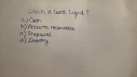 which-of-the-following-items-is-the-least-liquid-select-one-a-cash-b-accounts-recelvable-c-prepaids-d-inventory