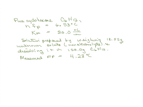 pure-cyclohexane-c6h12-has-a-freezing-point-of-653-c-its-freezing-point-depression-constant-is-kf-200-c-m-1-a-solution-was-made-by-taking-1855-g-of-an-unknown-nonelectrolyte-and-dissolving-i-50395